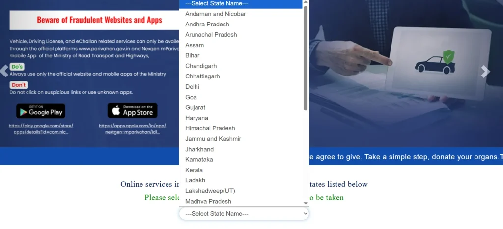 parivahan state selection page
